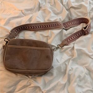 Suede Crossbody Bag with Patterned Strap - Taupe